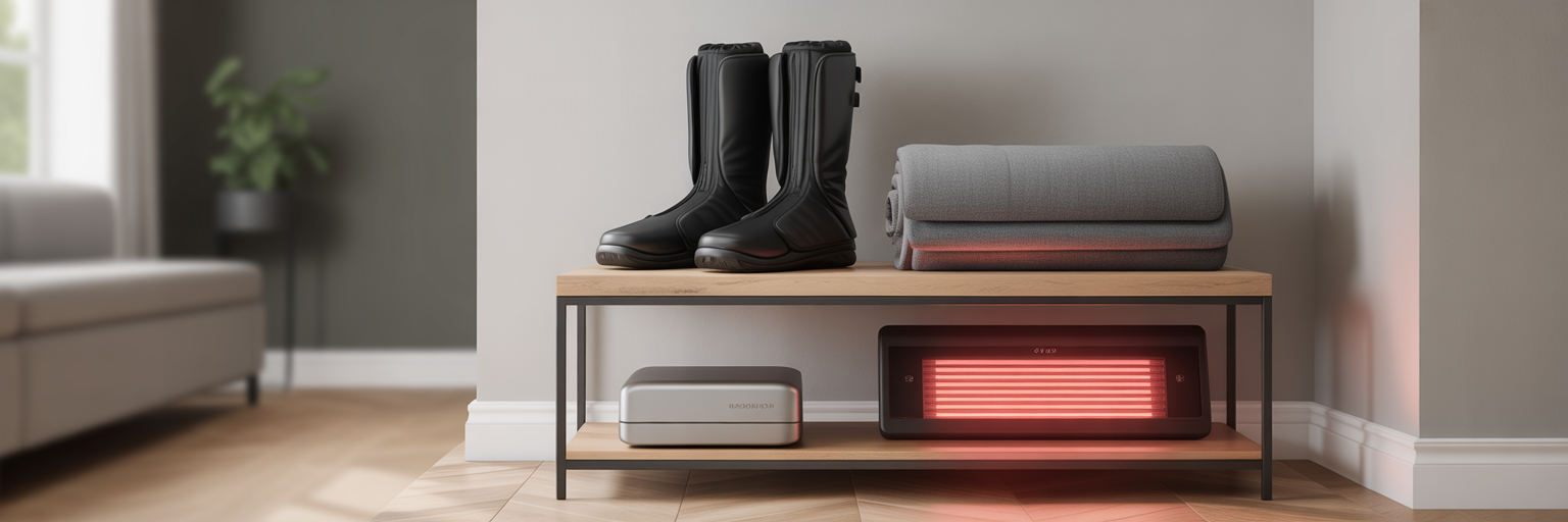 At-home recovery tools organized on a shelf.
