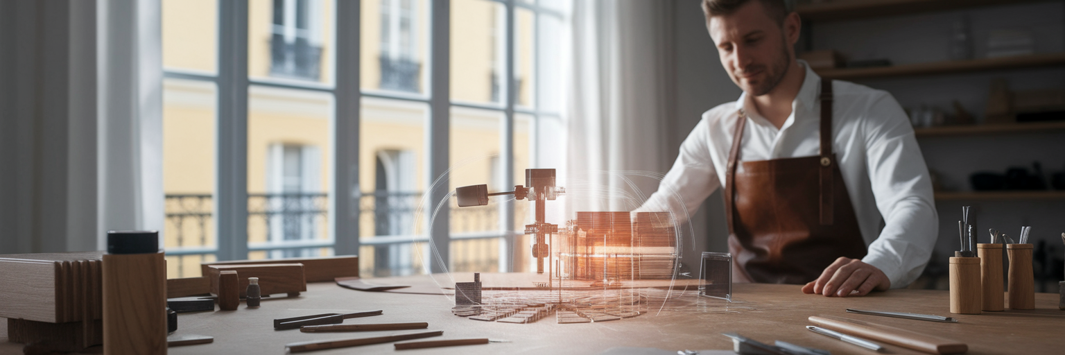 Atelier d'artisan français avec processus de travail automatisé.