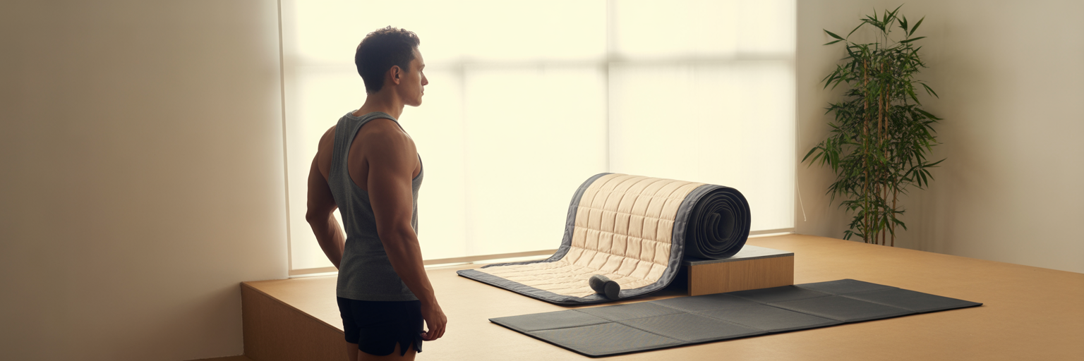 Athlete choosing between PEMF mat and sauna blanket.