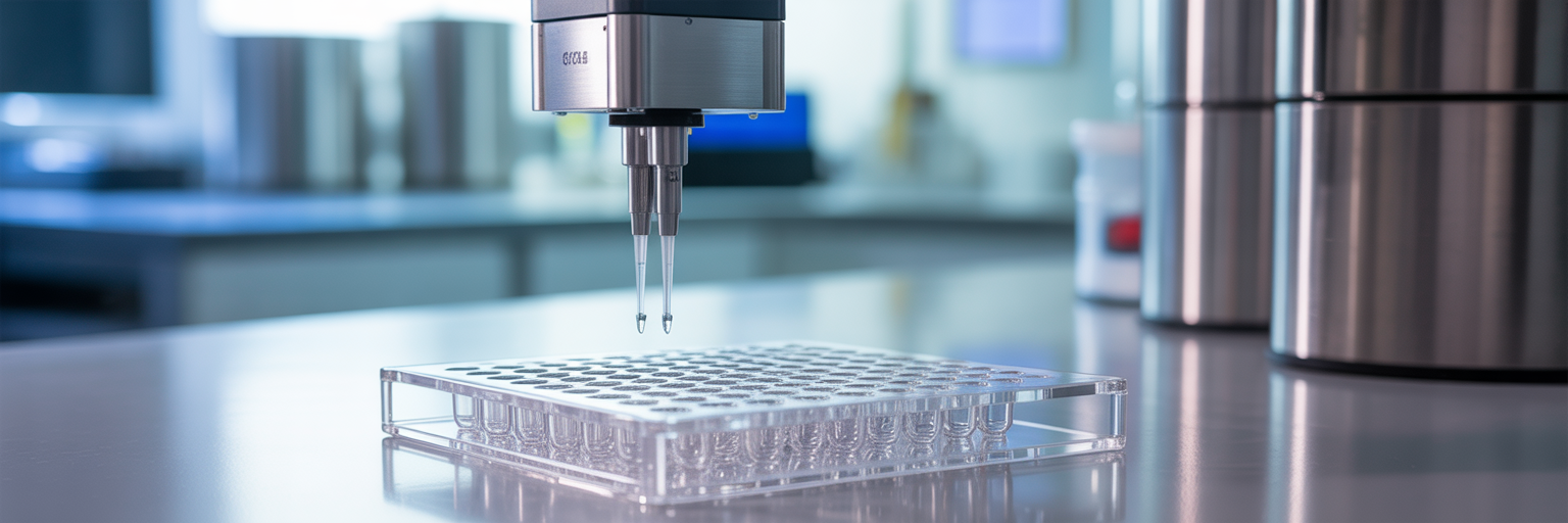 Automated robotic arm pipetting samples.