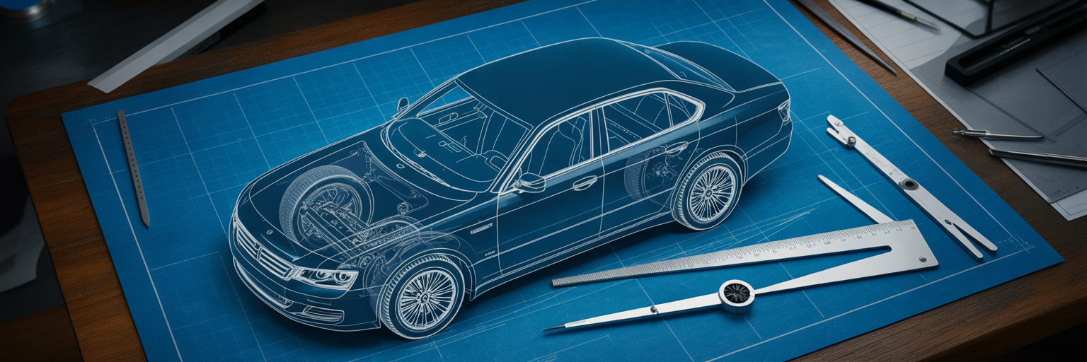 Automotive blueprint on a drafting table.