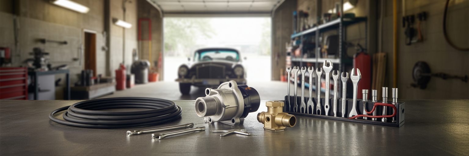 Automotive cooling system parts on a workbench.