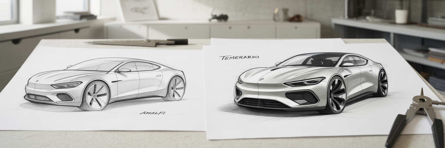 Automotive design sketches comparing two supercar styles.