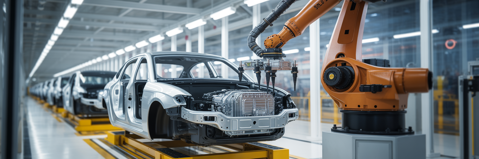 Automotive factory assembly line precision.