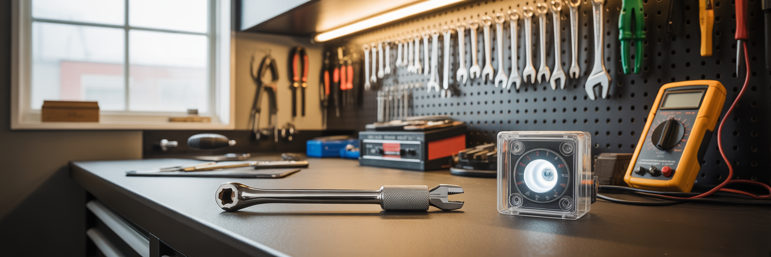 Automotive repair tools on a garage workbench.