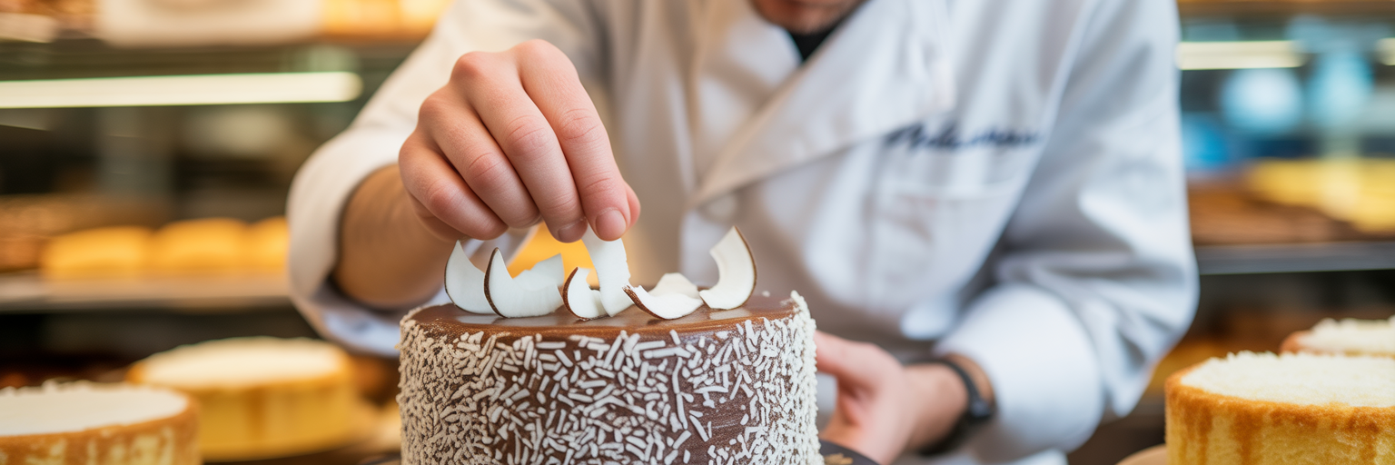 Baker carefully decorating a lamington cake in a bakery.