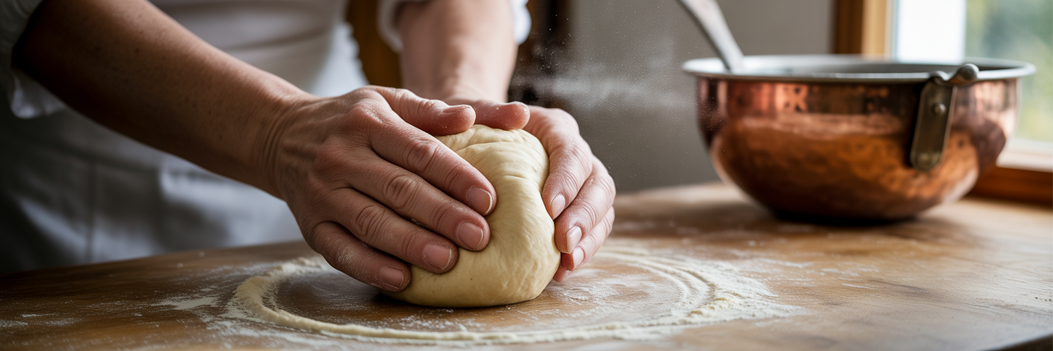 Baker's hands kneading dough until it's soft.