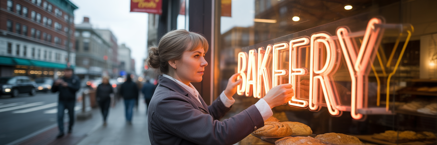 Bakery owner adjusting glowing shop sign.