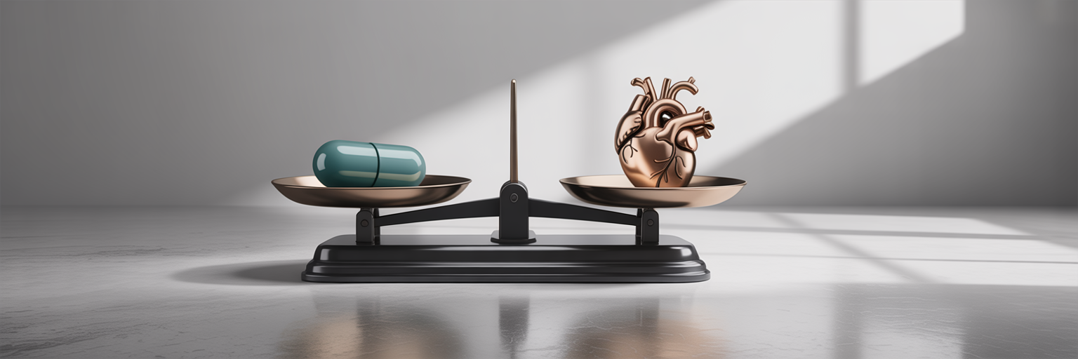 Balance scale weighing medication against health risks