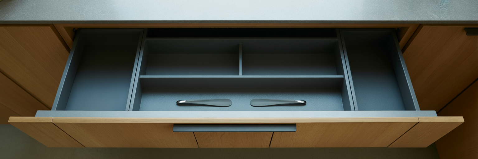 Balanced drawer pull placement on wide drawer.