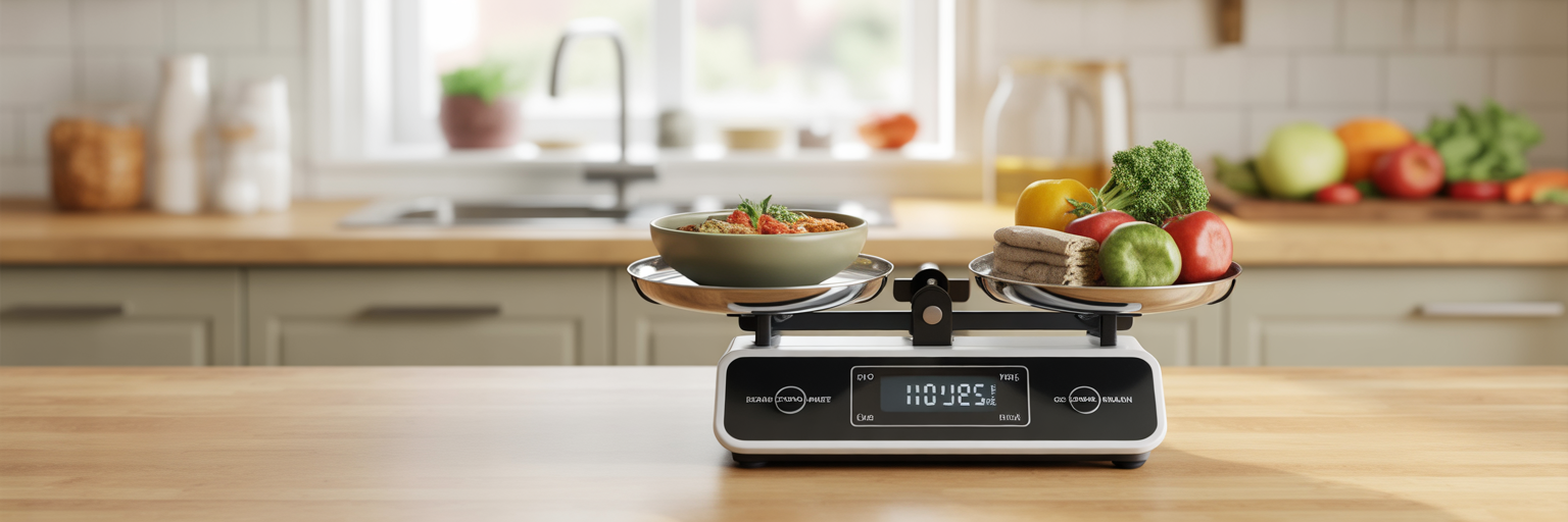 Balanced kitchen scale symbolizing appetite control.