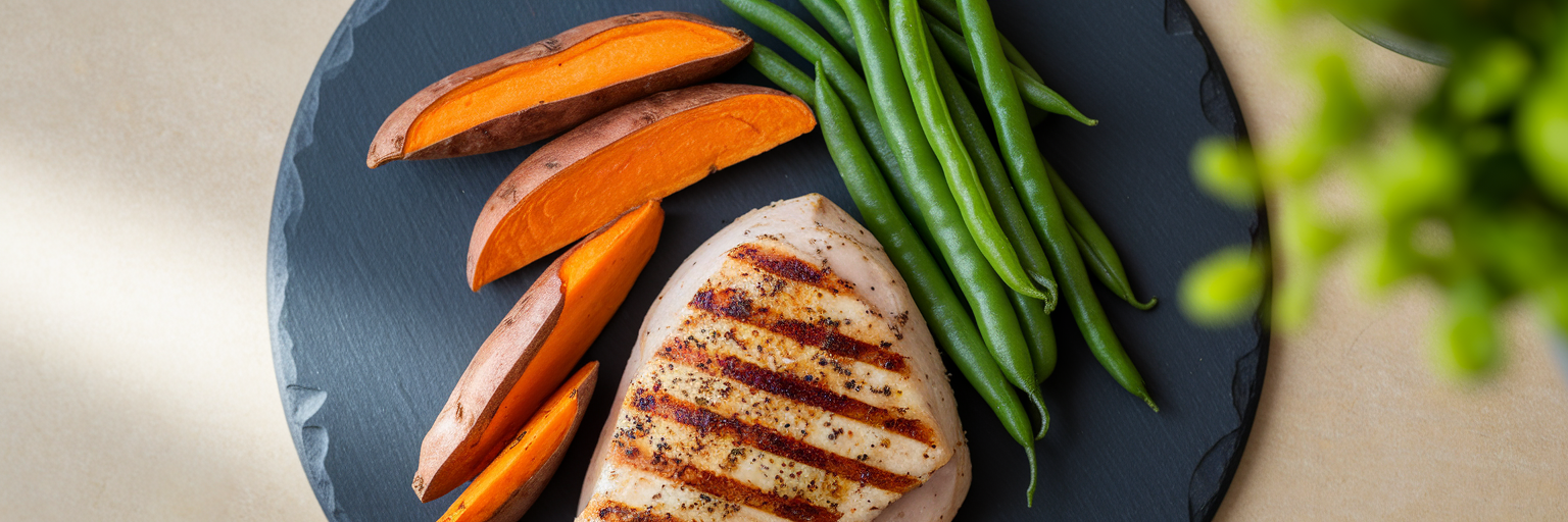 Balanced post-workout meal with chicken and sweet potato.