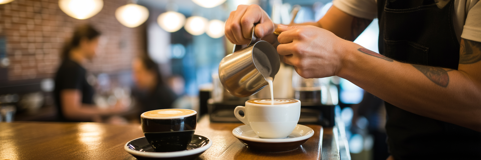 Barista crafting two different coffees simultaneously.