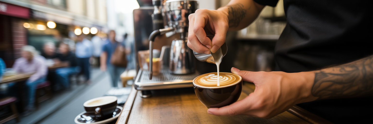 Barista creating detailed latte art.