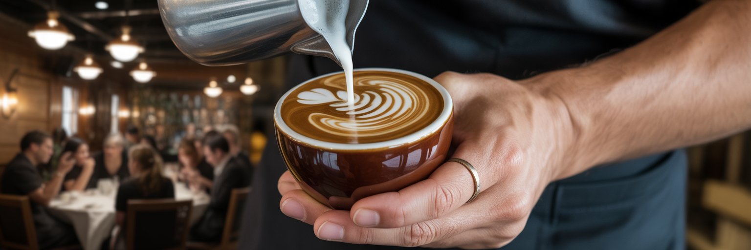 Barista creating intricate gear-shaped latte art