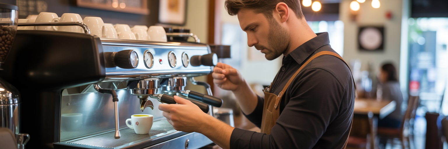 Barista fine-tuning an espresso machine in Perth cafe.