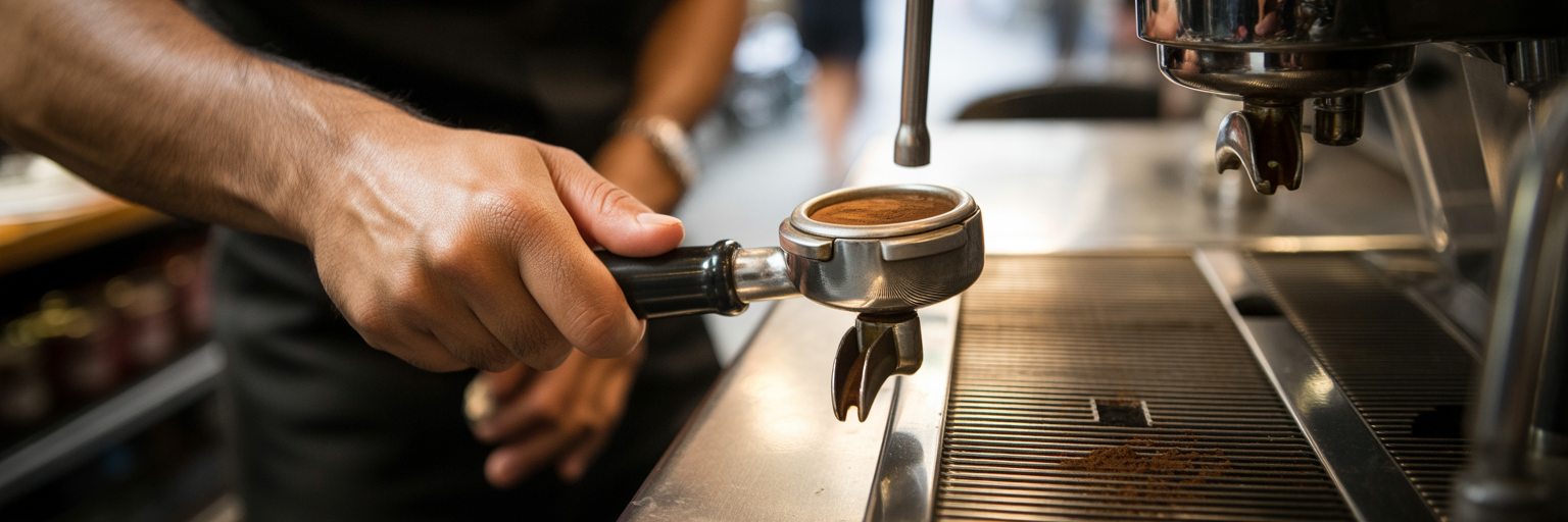 Barista's hands tamping espresso in Melbourne cafe.