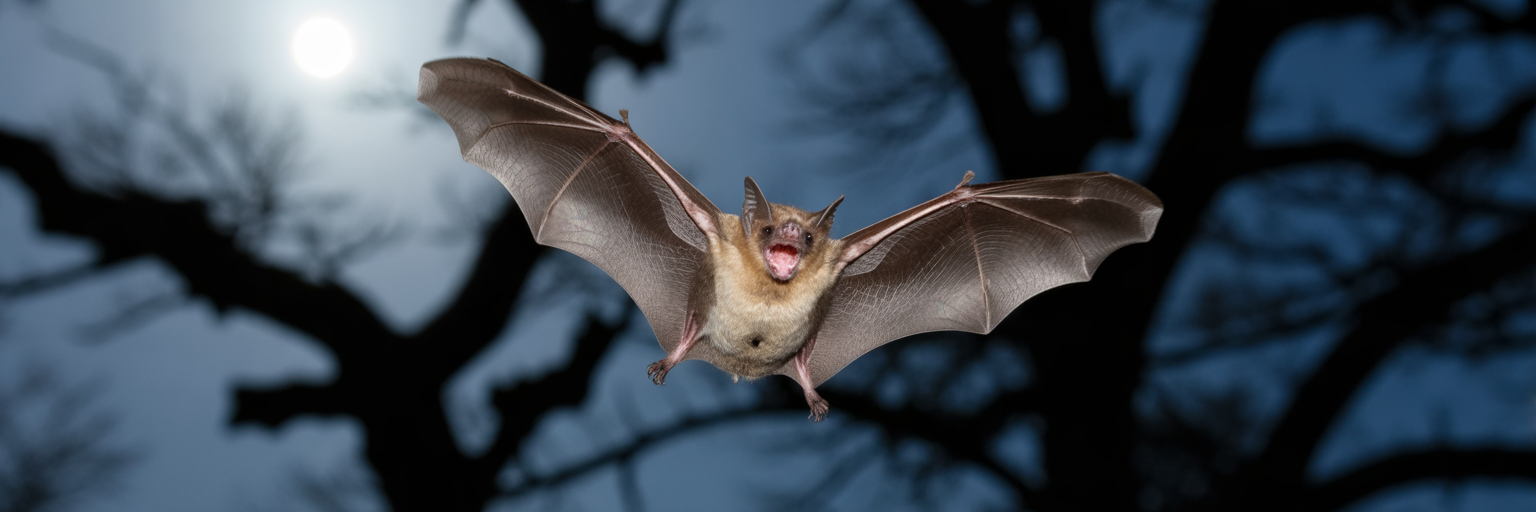 Bat in flight using echolocation at night.