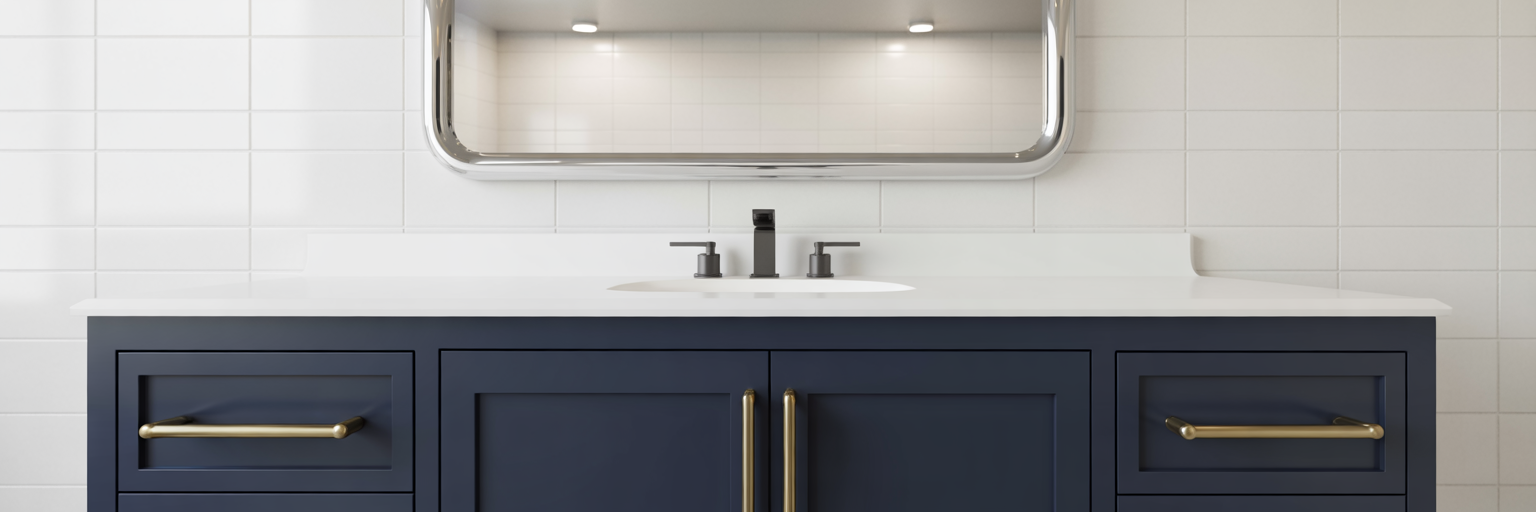 Bathroom vanity mixing brass, black, and chrome metals