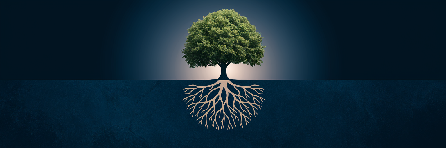 Baum mit Wurzeln in Form einer schlafenden Person.