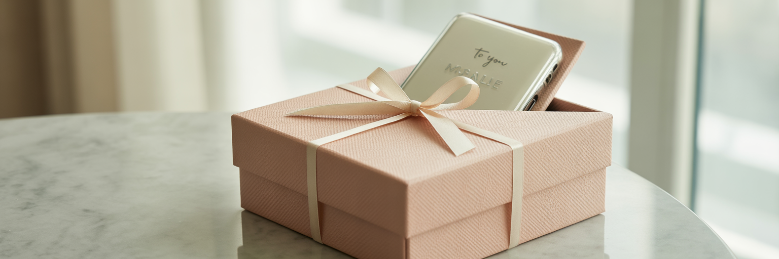 Beautifully wrapped gift box with phone case.