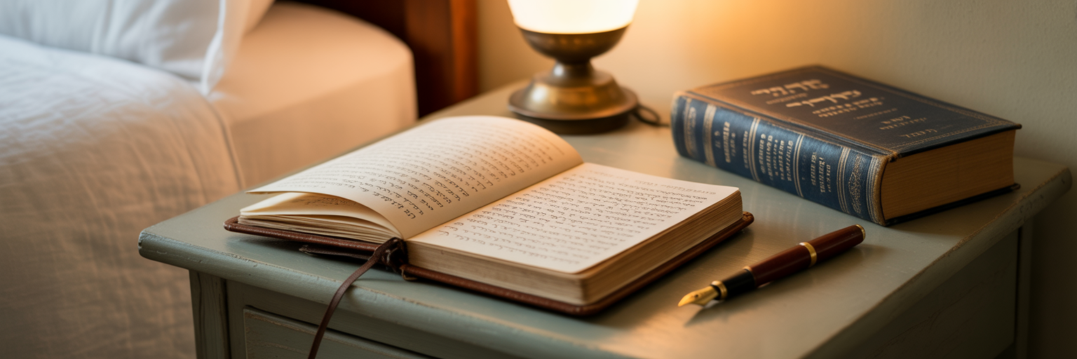 Bedside table with journal and prayer book.