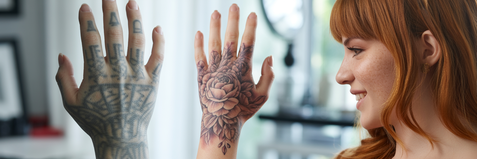 Before and after hand tattoo cover-up.