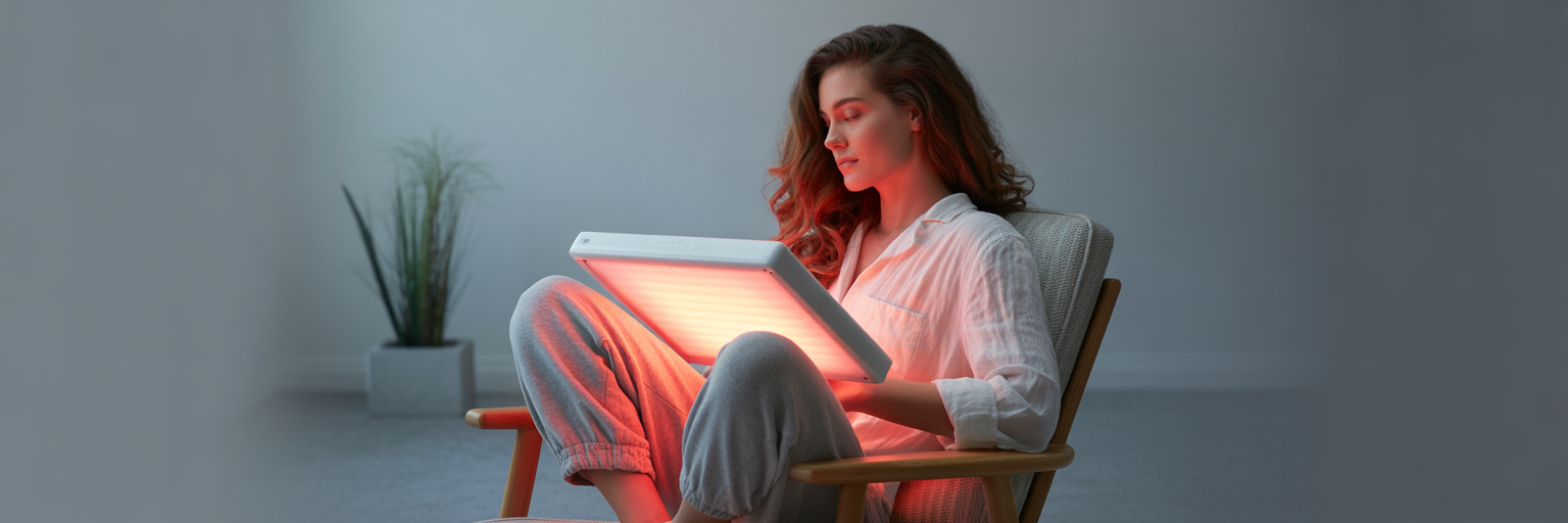 Beginner using red light therapy panel.