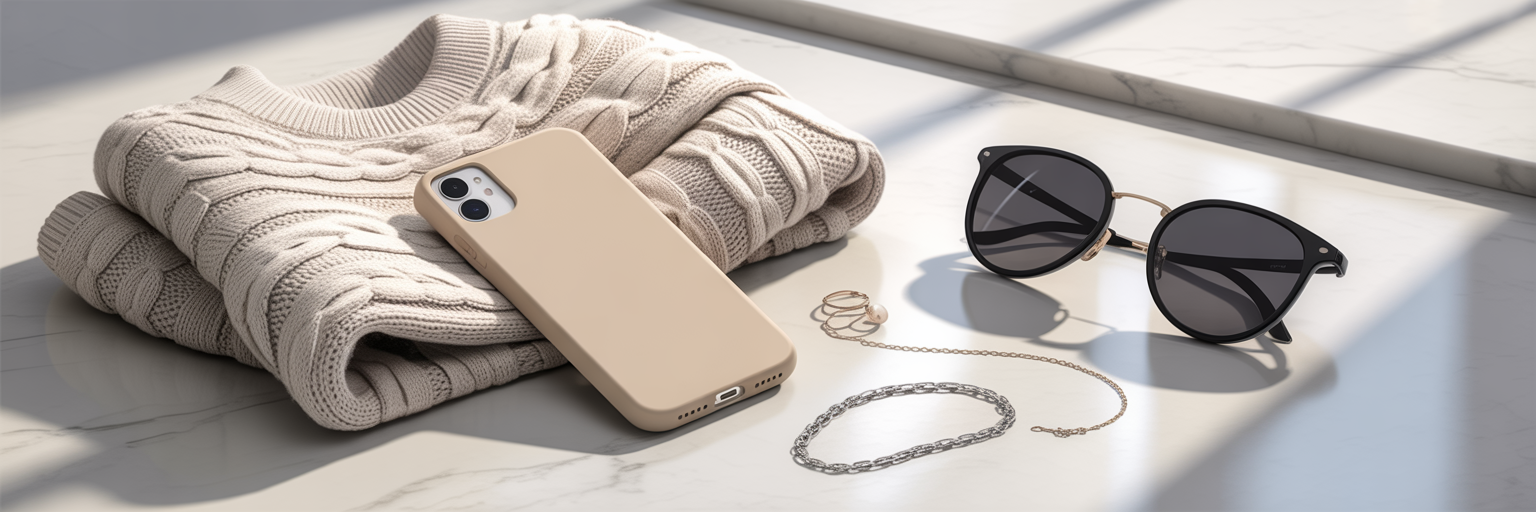 Beige rectangle iPhone case with fashion accessories.