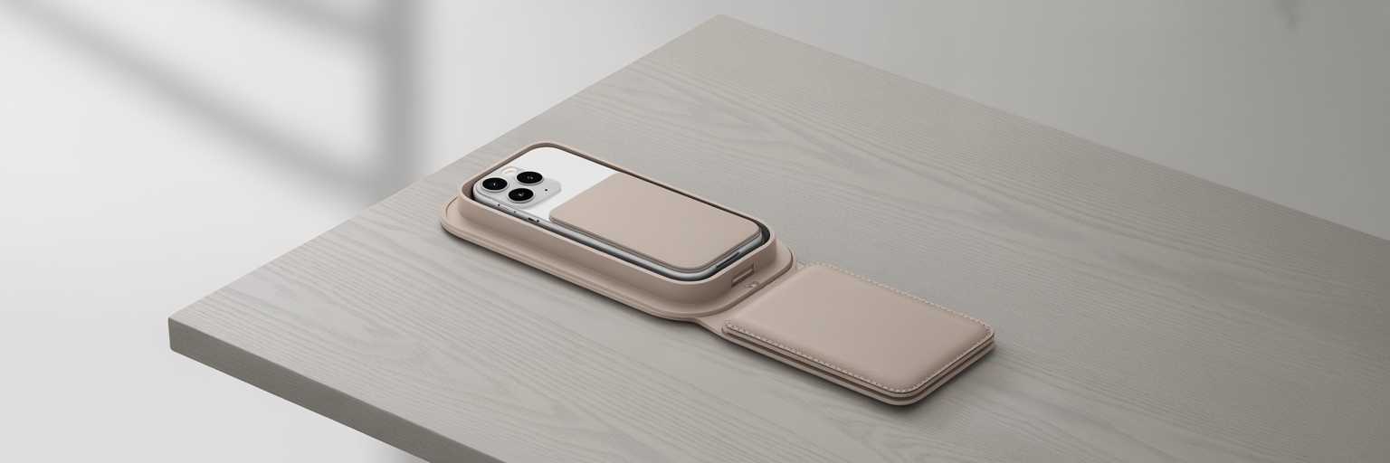 Beige rectangle MagSafe iPhone case with wallet