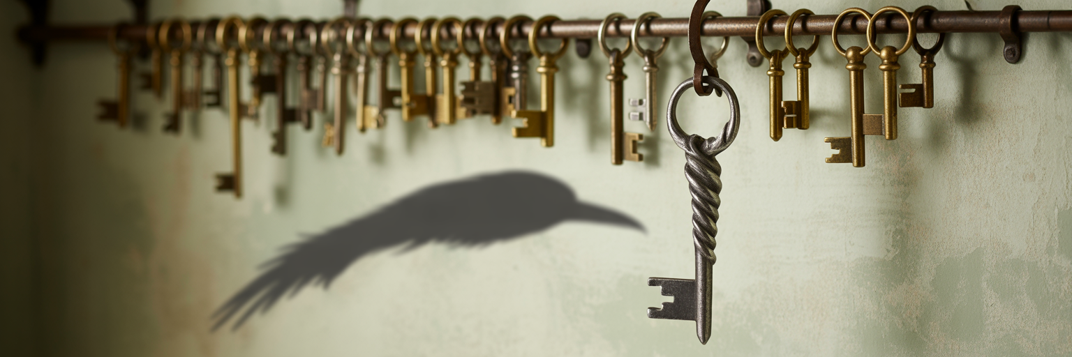Black feather key among brass keys