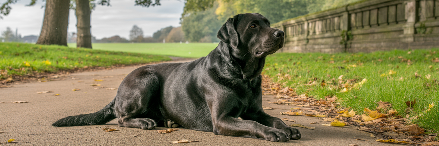 Black Labrador with a dense coat in a Dundee park.