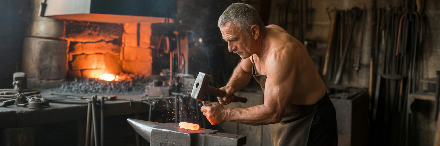 Blacksmith observing glowing metal at forge.