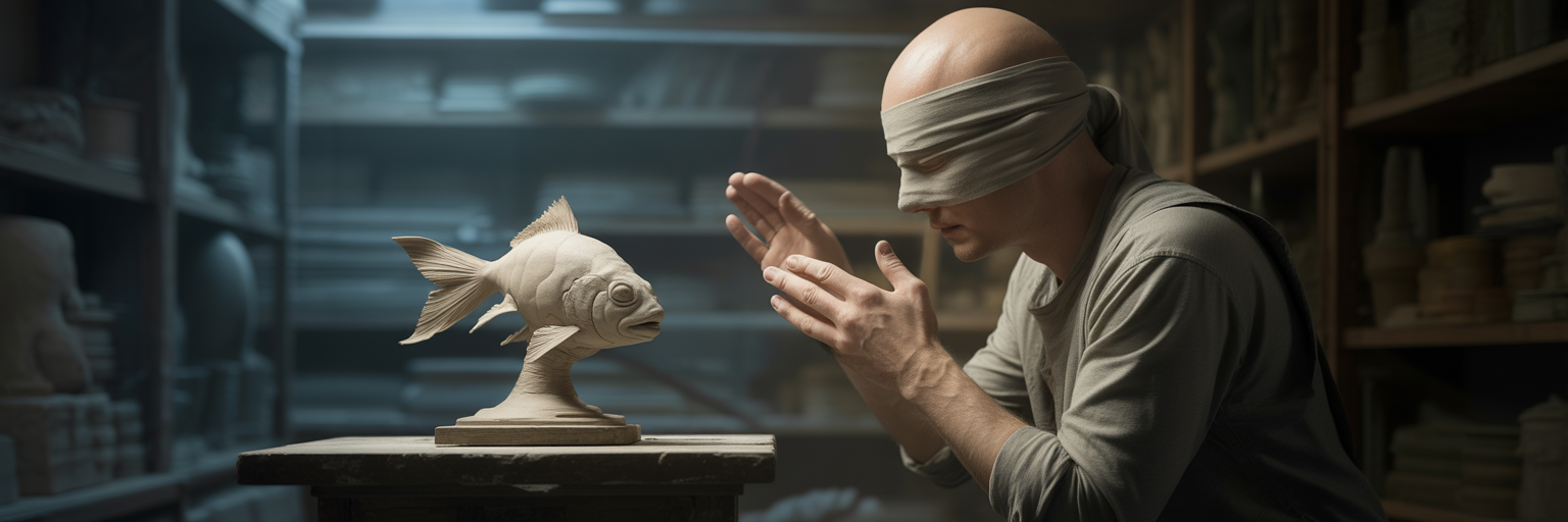 Blindfolded sculptor shaping clay with invisible forces.