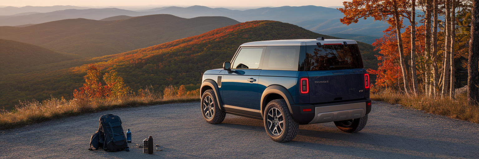 Blue compact SUV at mountain overlook