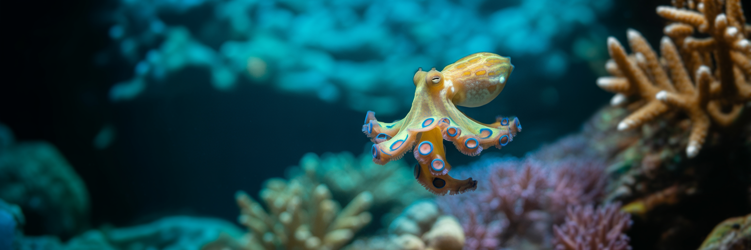 Blue-ringed octopus on coral reef.