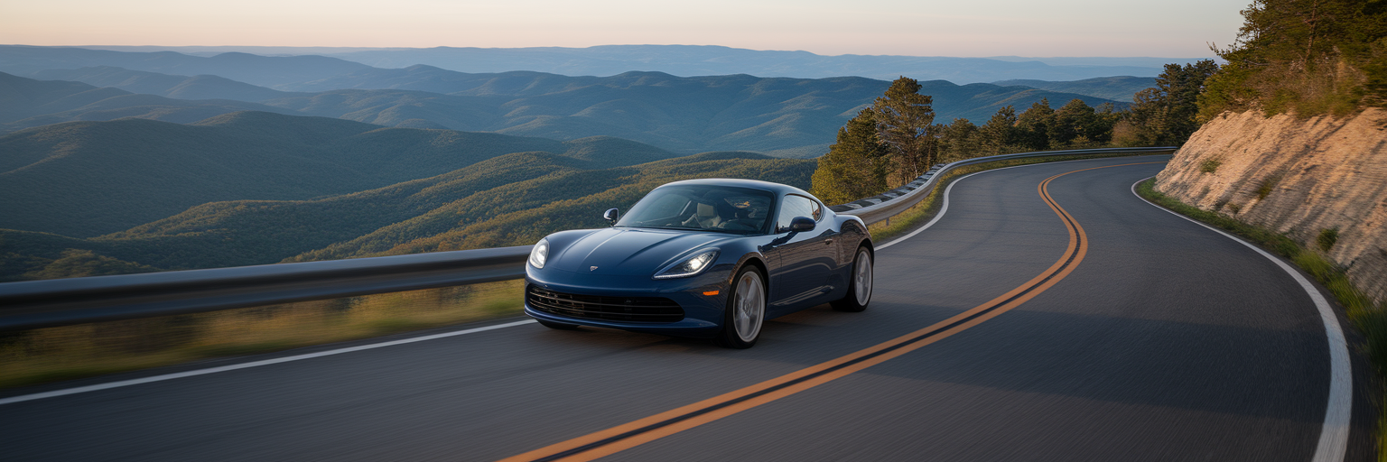 Blue sports car on a scenic road.