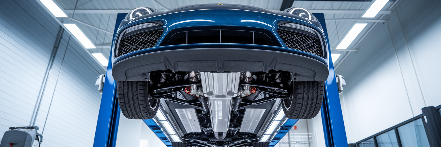 Blue sports car on lift showing undercarriage.