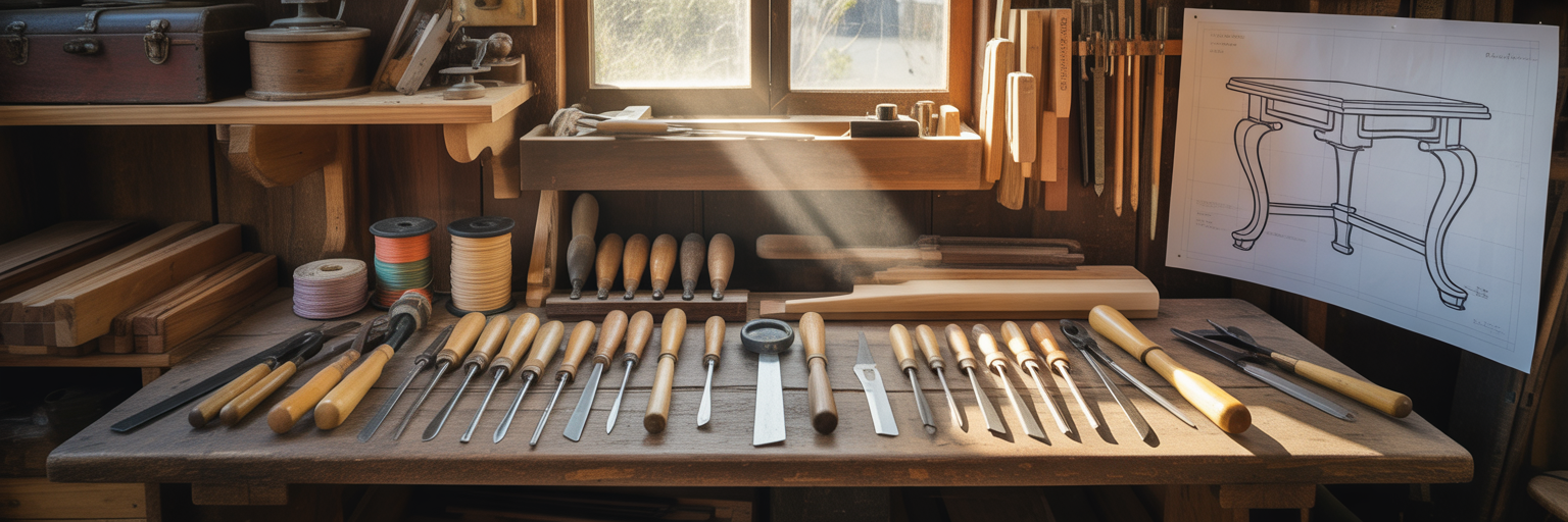 Blueprint and tools on workshop bench.