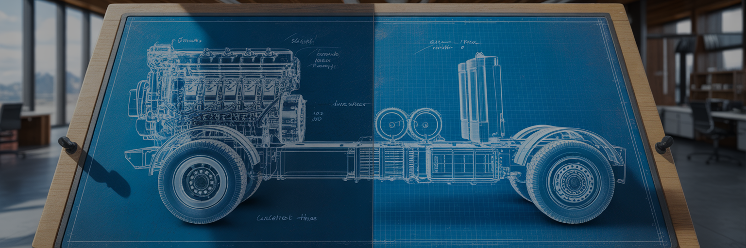 Blueprint comparing diesel and electric powertrains.