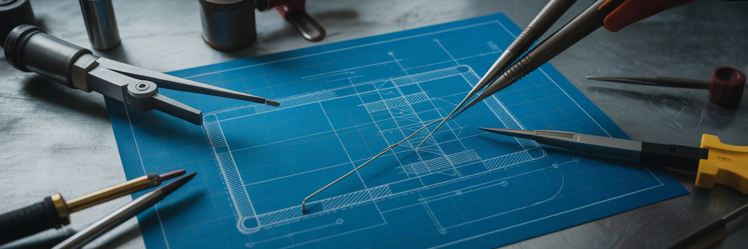 Blueprint schematic being assembled with tools.