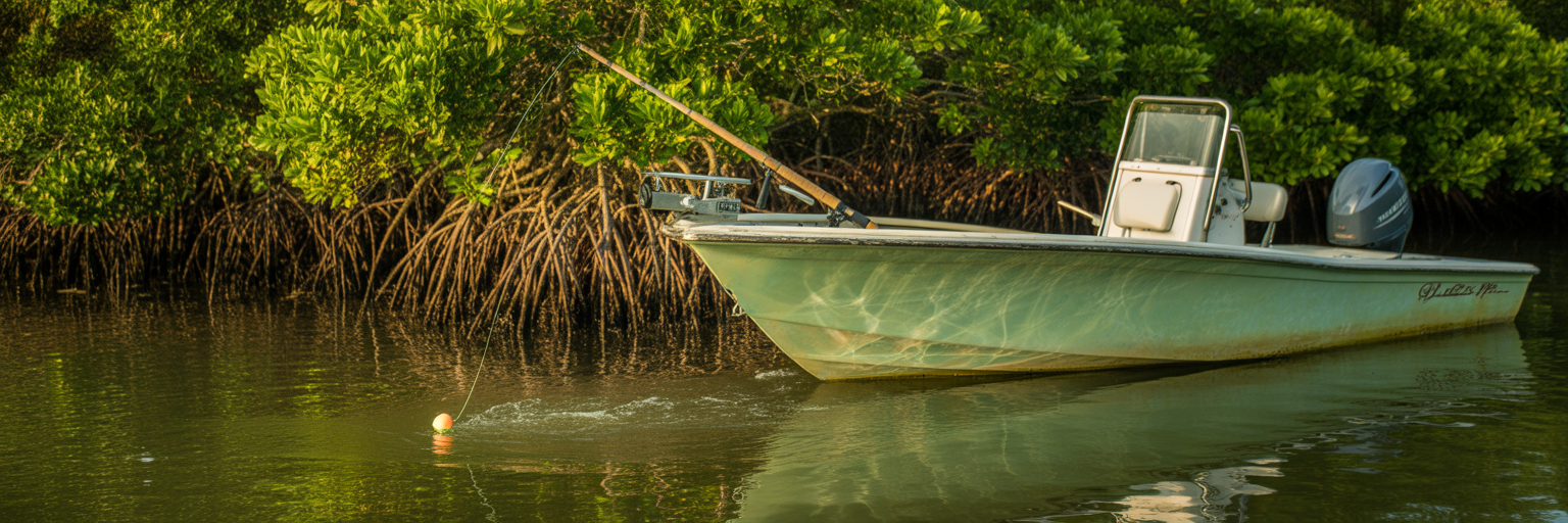 Boat drifting along mangrove shoreline.
