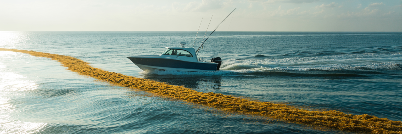 Boat trolling along a sargassum weed line