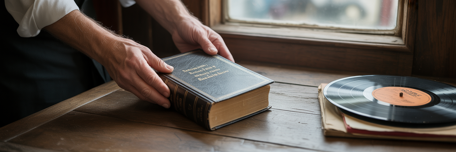 Book of poetry and vinyl record.