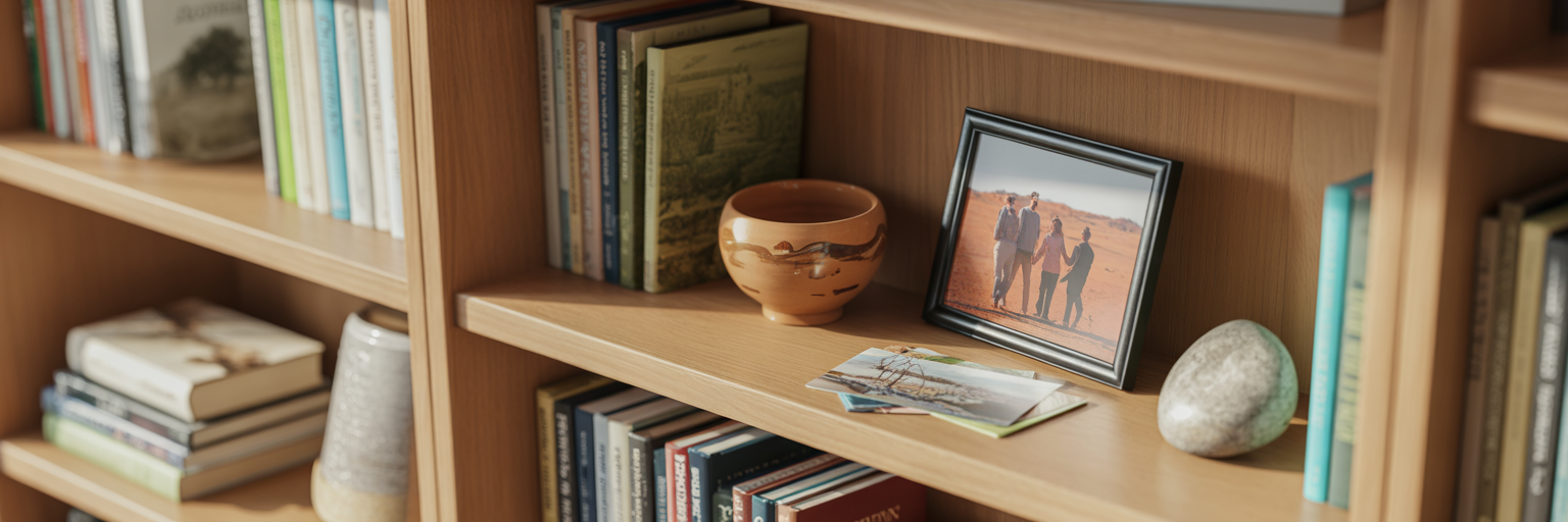 Bookshelf with travel souvenirs and photos integrated.