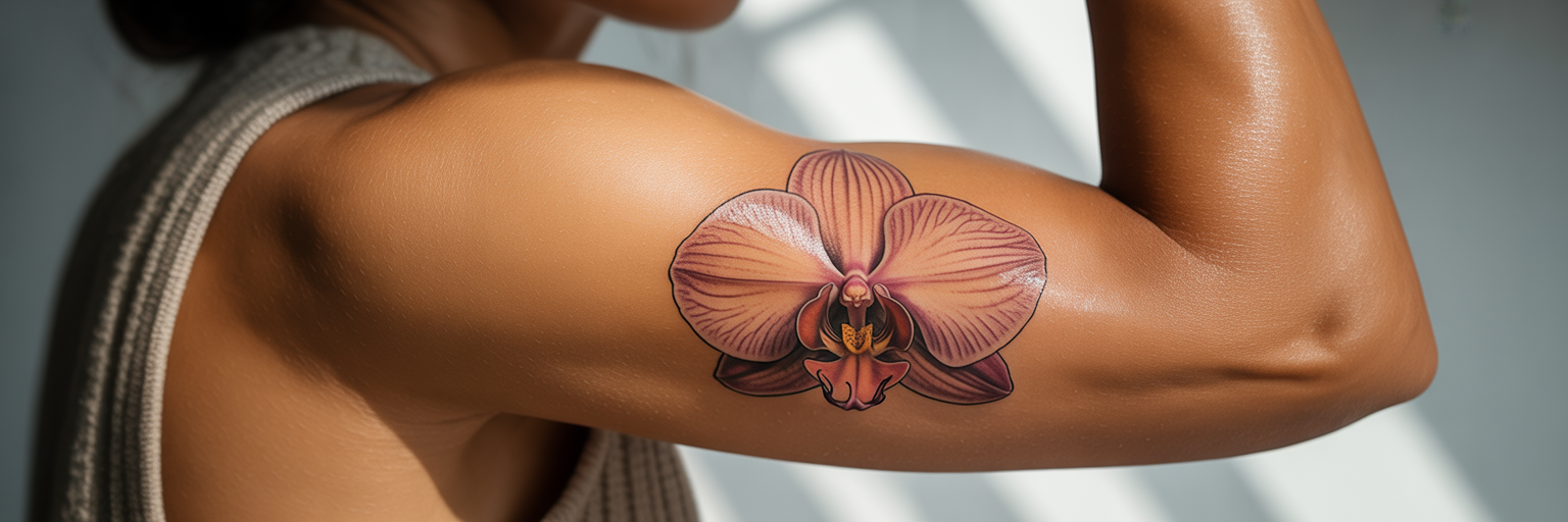 Botanical inner bicep tattoo design.