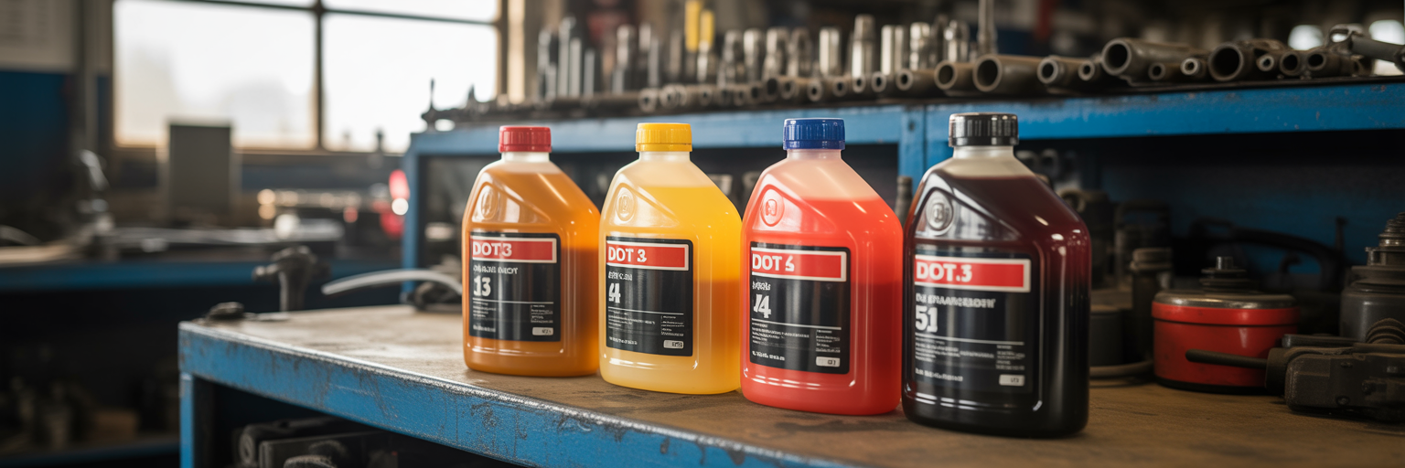 Bottles of different DOT brake fluid types