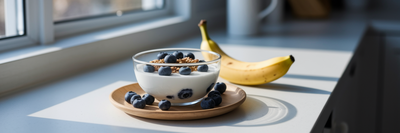 Bowl of yogurt with blueberries and banana.