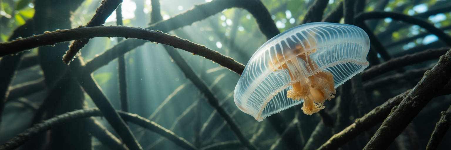 Box jellyfish navigating mangrove roots underwater.