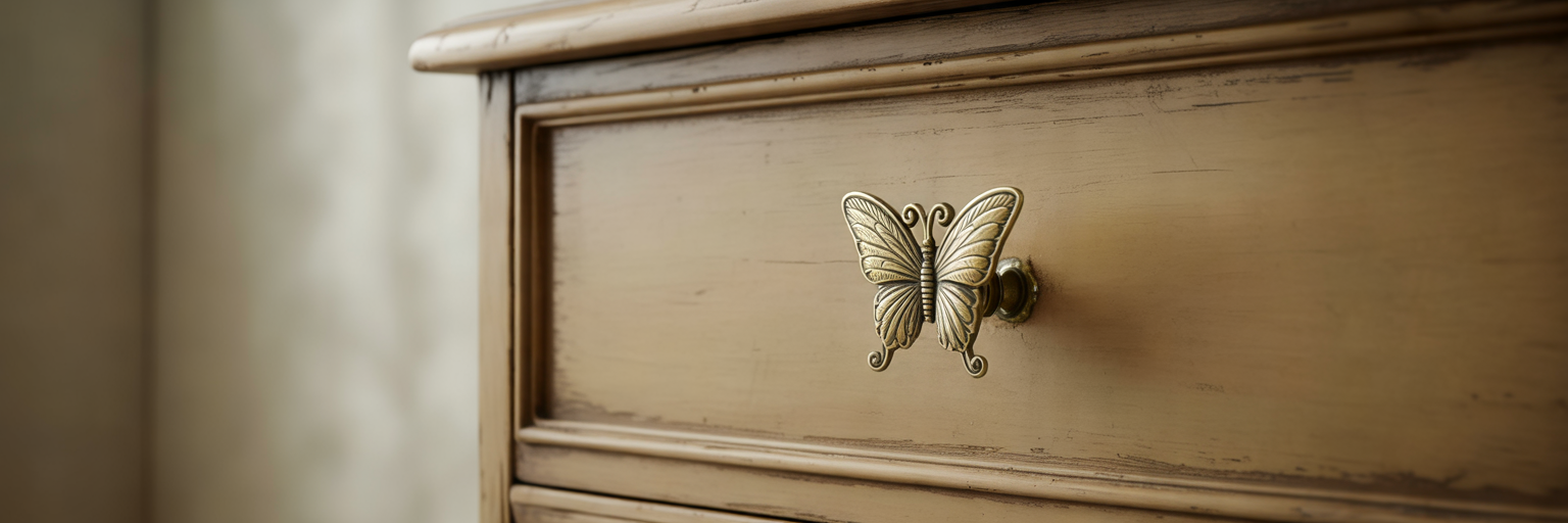 Brass butterfly pull on dresser drawer
